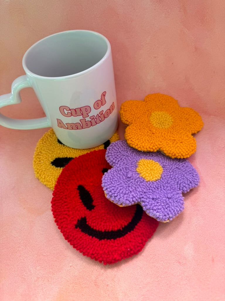 Smiley Face Mug Rug - Punch Needle Coaster