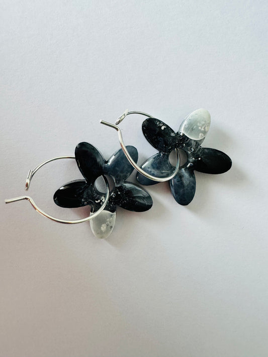 Black & White Flowers - Resin Hoop Charm Earrings