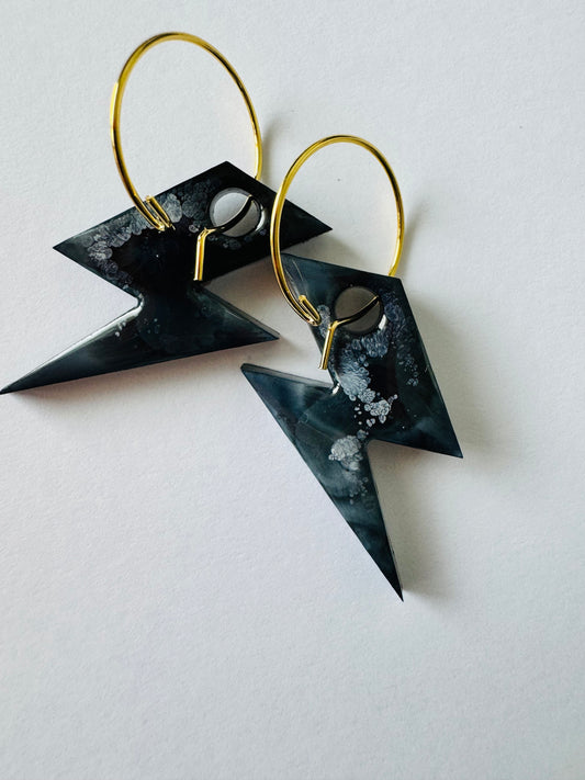 Black & White Lightning Bolts - Resin Hoop Charm Earrings