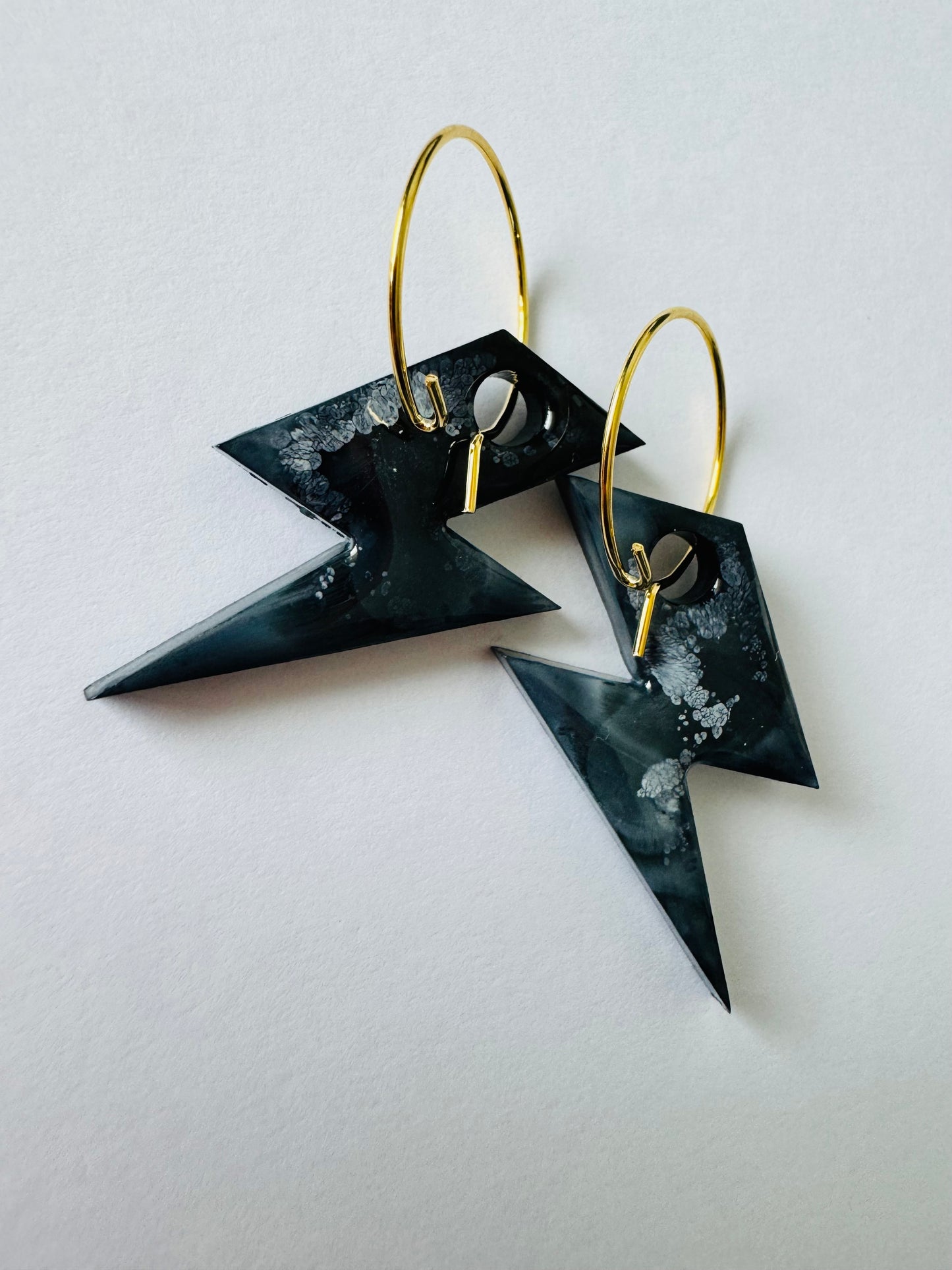 Black & White Lightning Bolts - Resin Hoop Charm Earrings