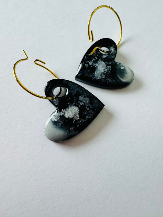 Black & White Hearts - Resin Hoop Charm Earrings