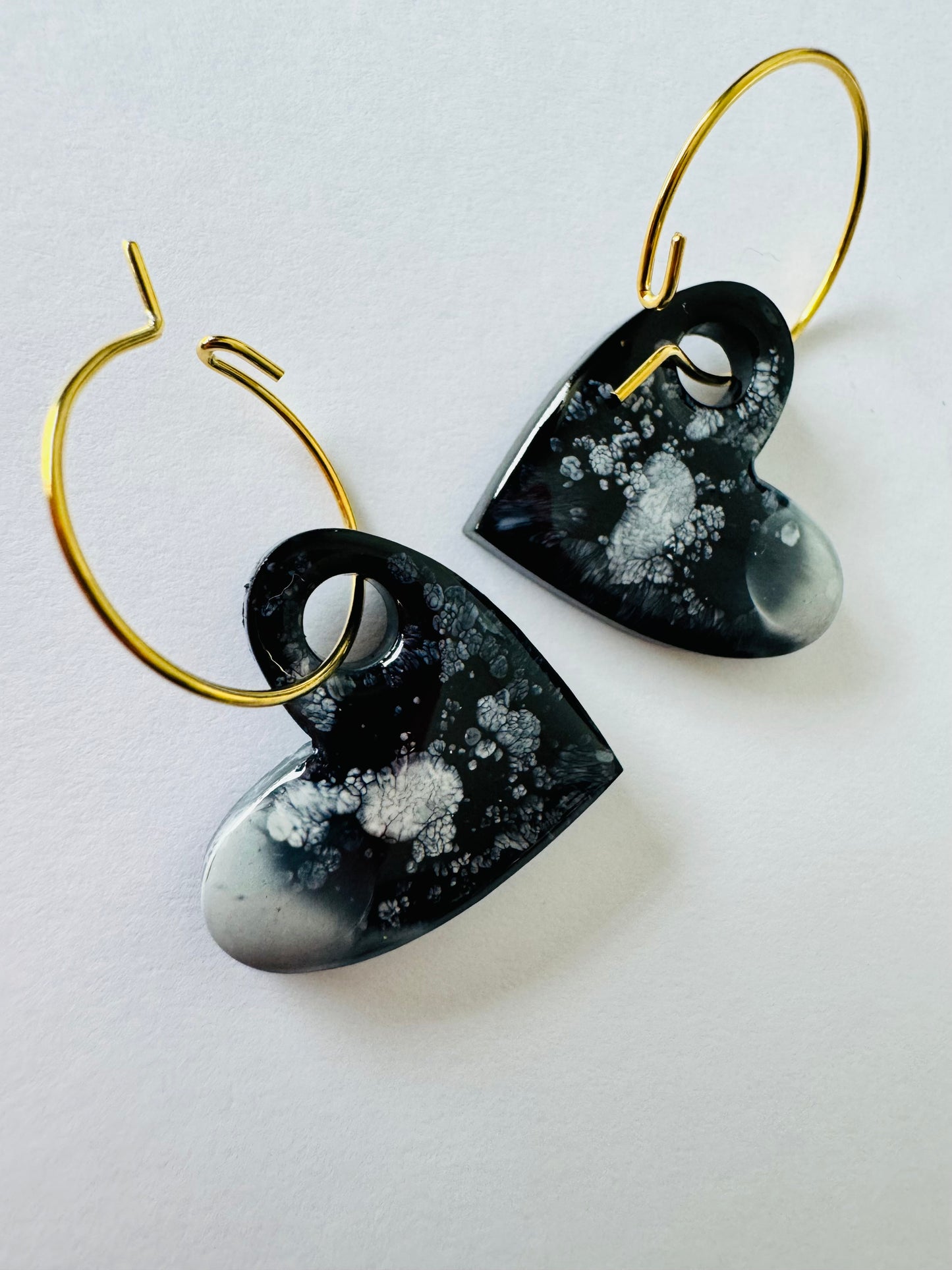 Black & White Hearts - Resin Hoop Charm Earrings