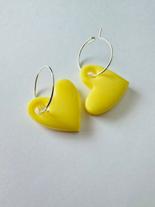 Yellow Hearts - Resin Hoop Charm Earrings