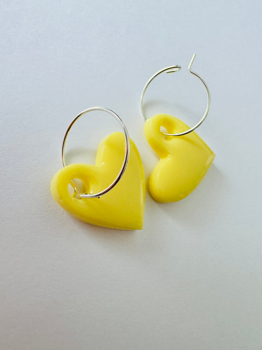 Yellow Hearts - Resin Hoop Charm Earrings