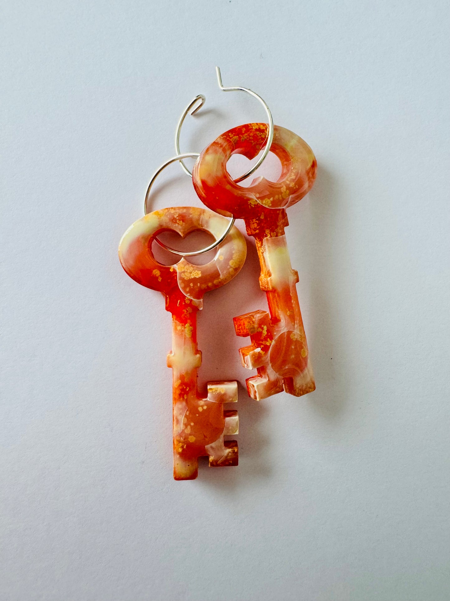 Cloudy Orange Keys - Resin Hoop Charm Earrings