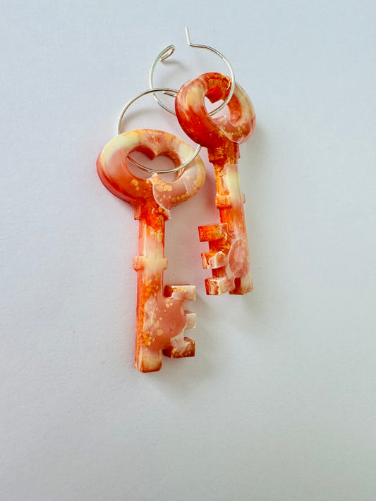 Cloudy Orange Keys - Resin Hoop Charm Earrings