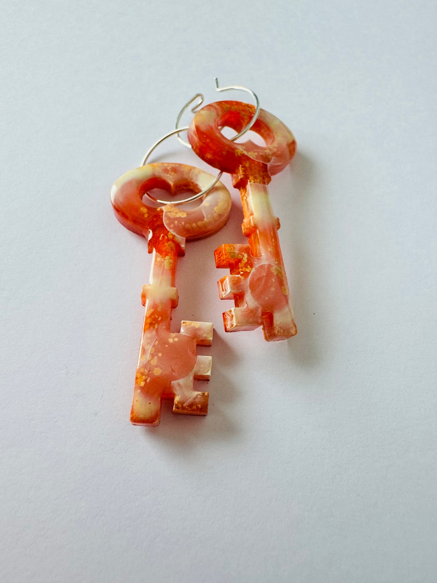 Cloudy Orange Keys - Resin Hoop Charm Earrings