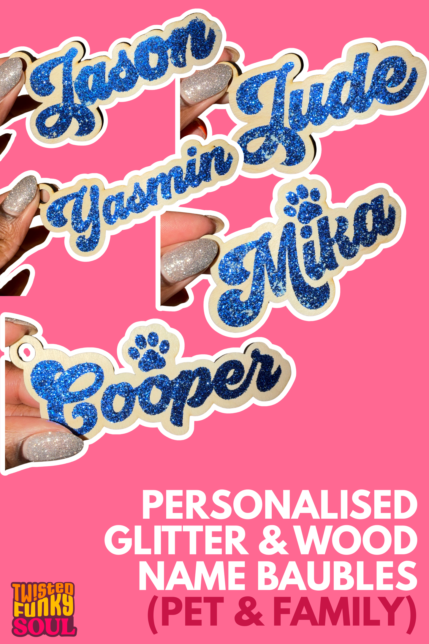 Personalised Glitter & Wood Name Baubles (Pet & Family)