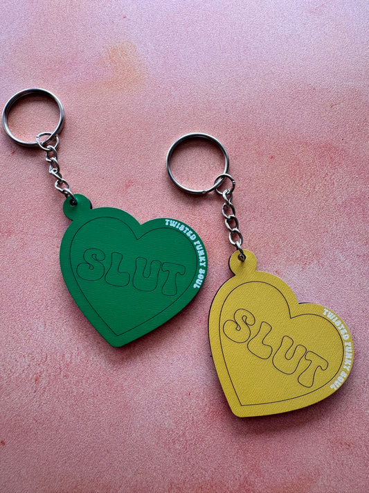 SLUT - Love Heart Wooden Keyring | Laser Cut - (Ready To Ship)