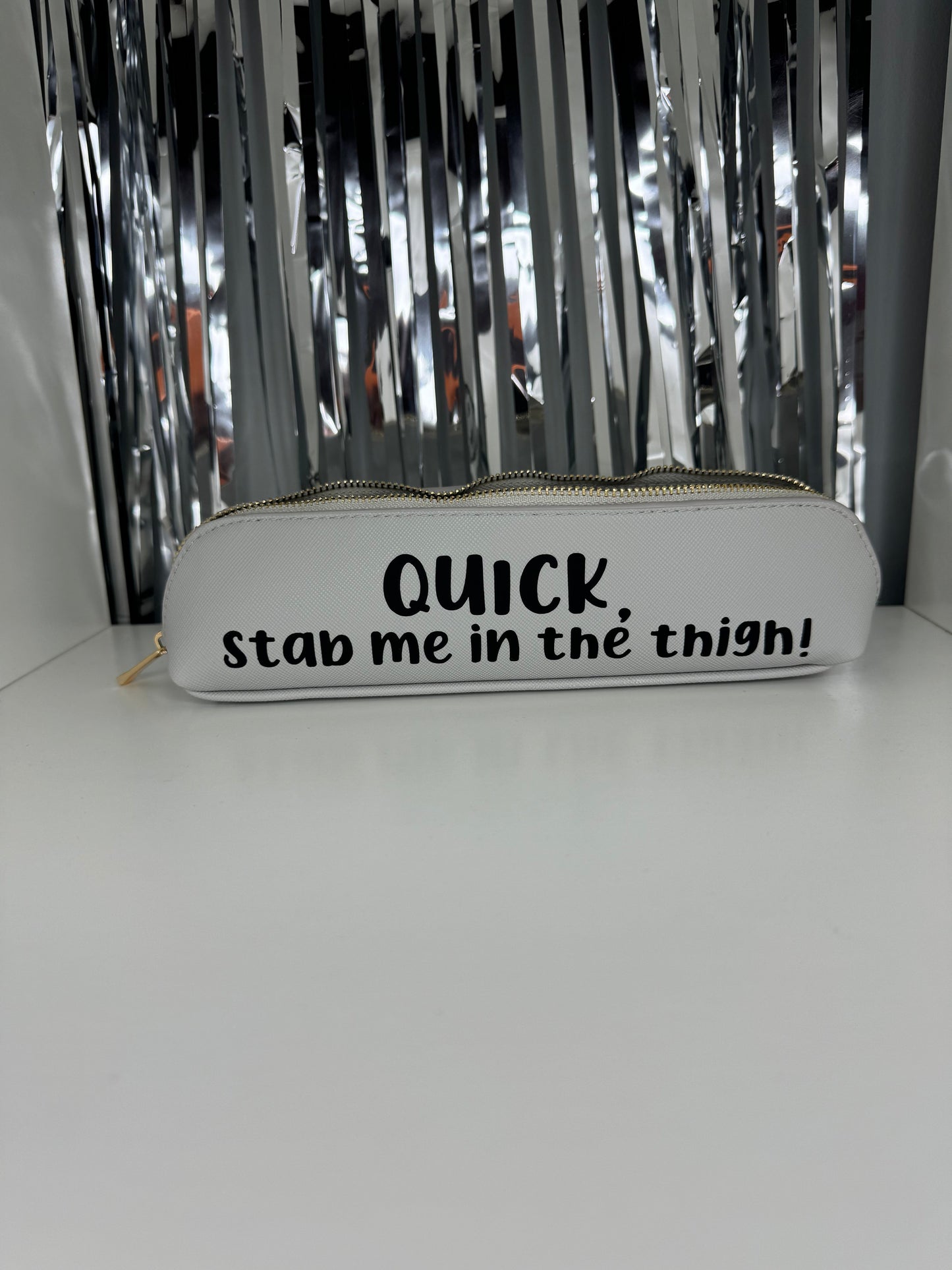 Quick, Stab Me In The Thigh Epipen Holder - Grey Pouch With Black Text