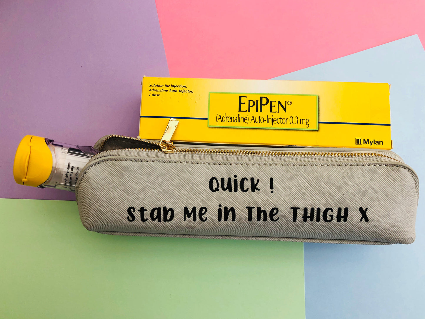 Quick, Stab Me In The Thigh Epipen Holder - Black Pouch With White Text
