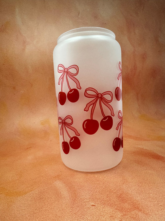 Sweet Cherry Bow Frosted Glass Tumbler