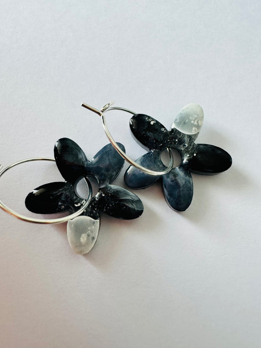 Black & White Flowers - Resin Hoop Charm Earrings