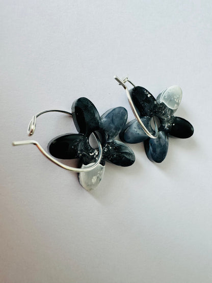 Black & White Flowers - Resin Hoop Charm Earrings