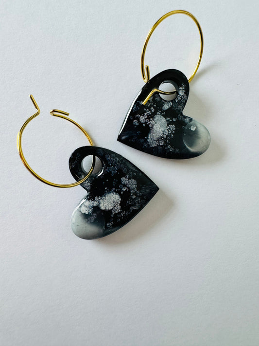 Black & White Hearts - Resin Hoop Charm Earrings