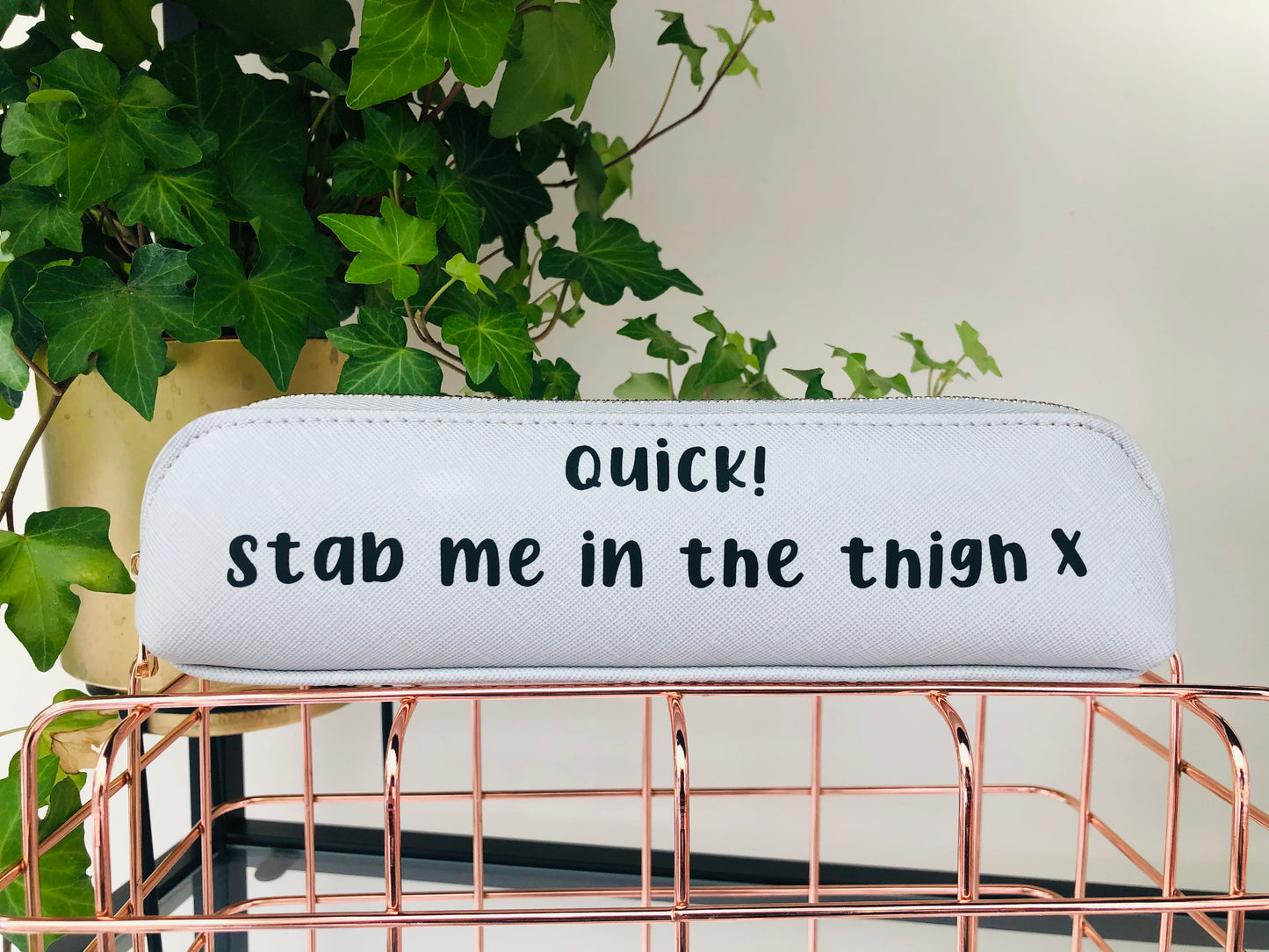 Quick, Stab Me In The Thigh Epipen Holder - Grey Pouch With Black Text